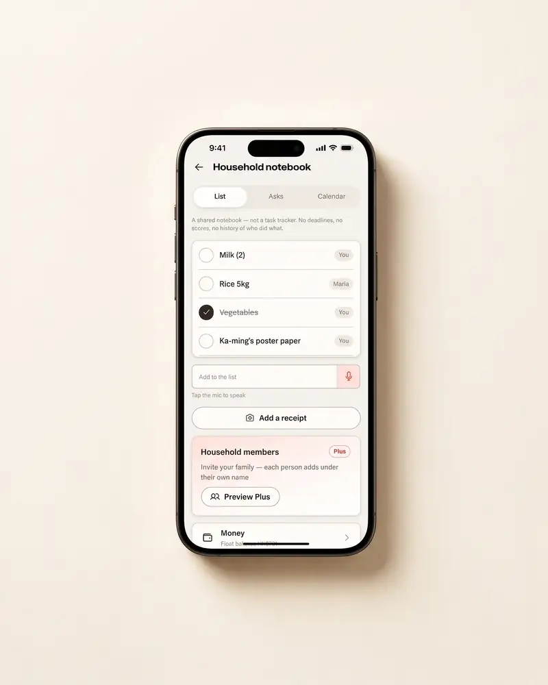 Household notebook — Kaia on iPhone